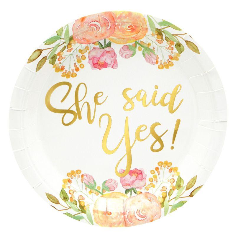 Sparkle and Bash 48-Pack Gold Foil She Said Yes Plates for Engagement Party, Bridal Shower Decorations, Bachelorette, Floral Design, 9 In