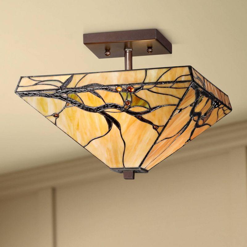 Robert Louis Tiffany Mission Rustic Ceiling Light Semi Flush Mount Fixture 14" Wide Bronze 2-Light Budding Branch Art Glass Shade for Bedroom Kitchen