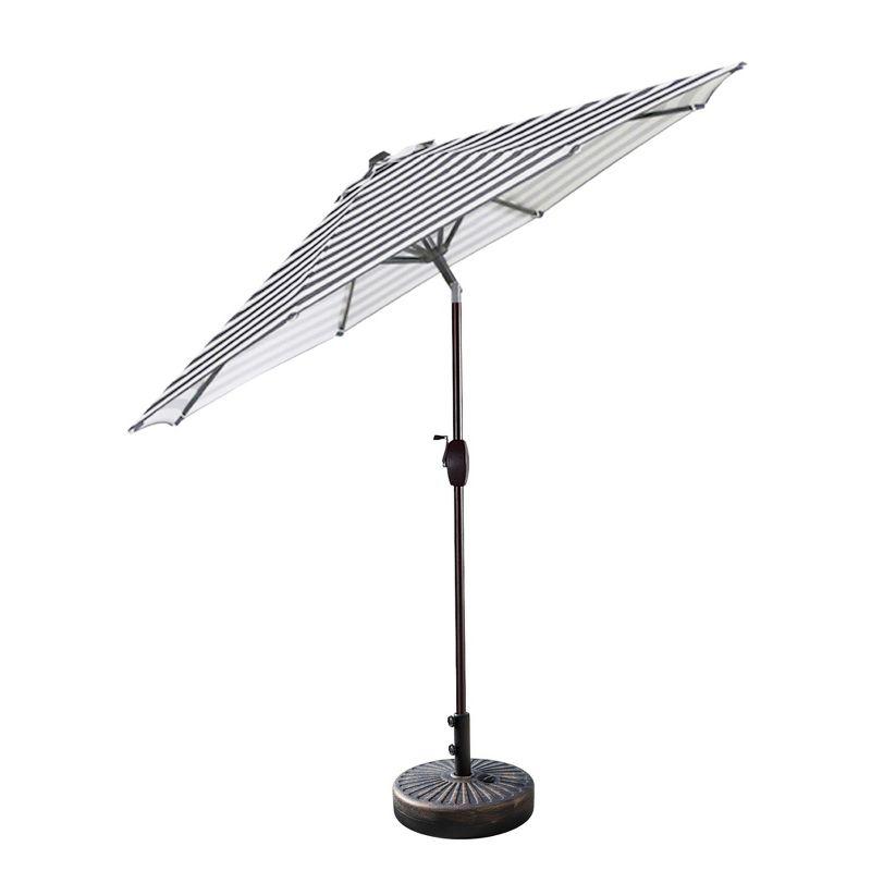 Gray and White Striped 9 Ft Market Patio Umbrella with Bronze Base