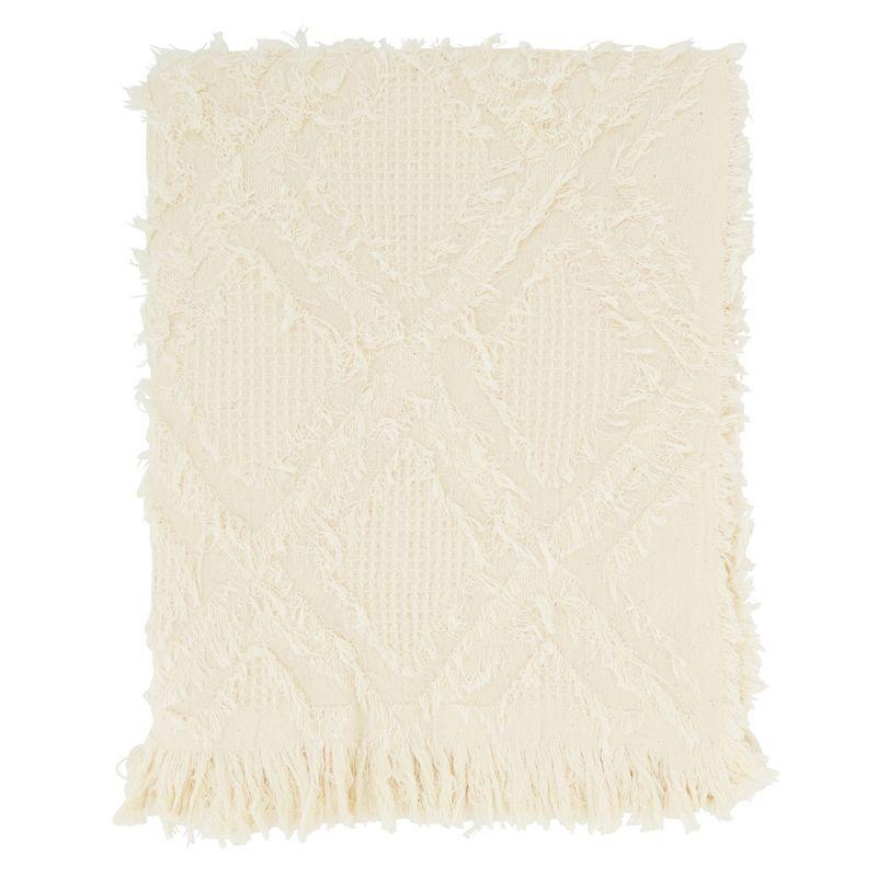 Saro Lifestyle Throw Blanket With Fringe Waffle Weave Design, Ivory, 50x60 inches