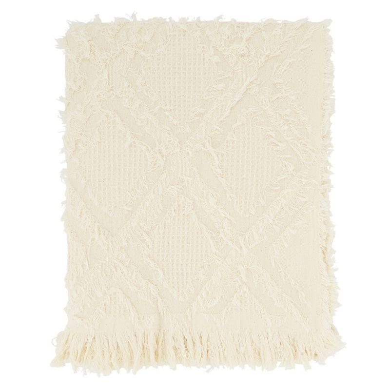 Ivory Cotton Fringe Waffle Weave Throw Blanket