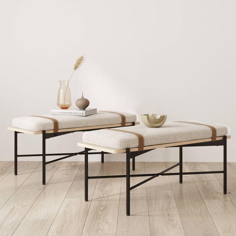 Nathan James Thatcher Boucle Wood and Metal Removable Cushion Bench: Curved Edge, Vegan Leather Straps, Zipper Design, Easy Clean