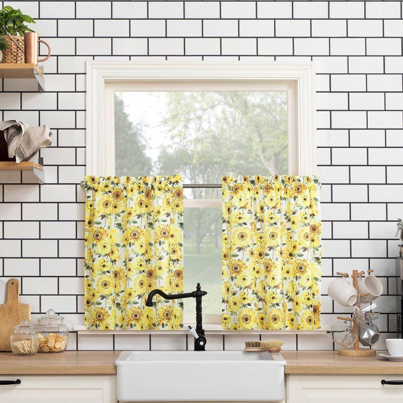 Sunflower Print Semi Sheer Rod Pocket Kitchen Curtain Valance and Tiers Set Yellow - No. 918