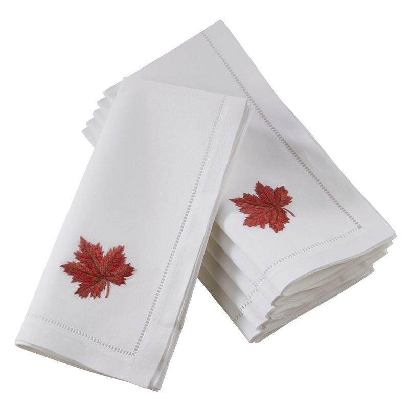 White Cotton Embroidered Autumn Leaf Napkins, Set of 6