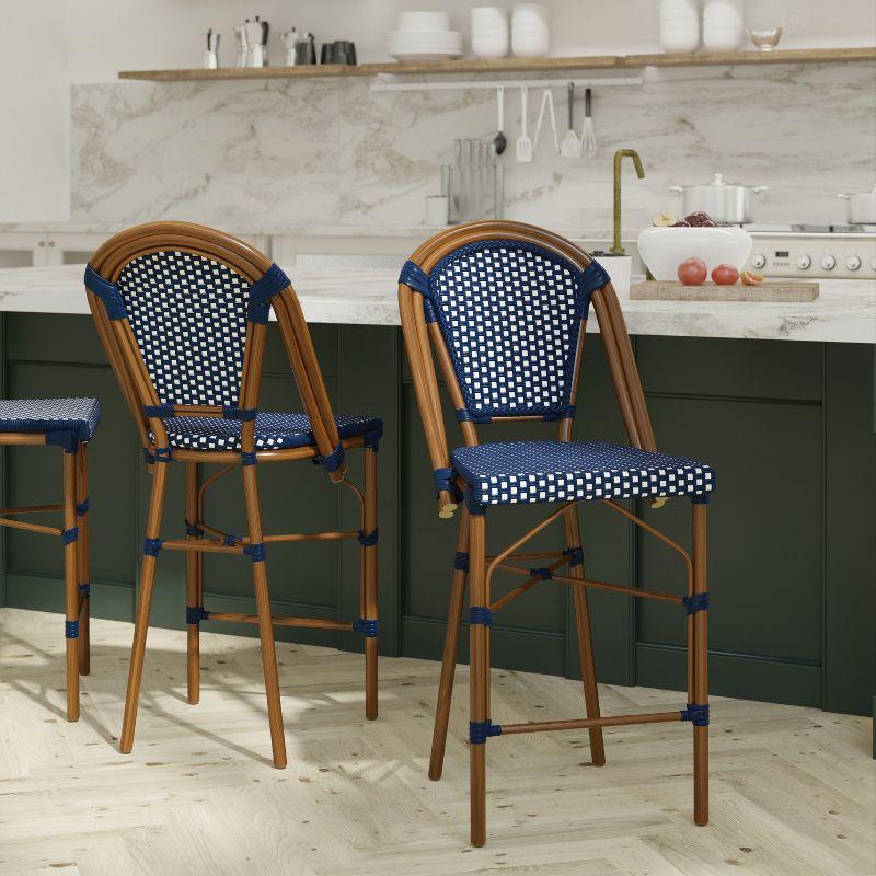 Emma & Oliver Soie Set of Two Stacking Bistro Chairs with Navy and White PE Seat and Back and Bamboo Finished Aluminum Frame for Indoor/Outdoor Use