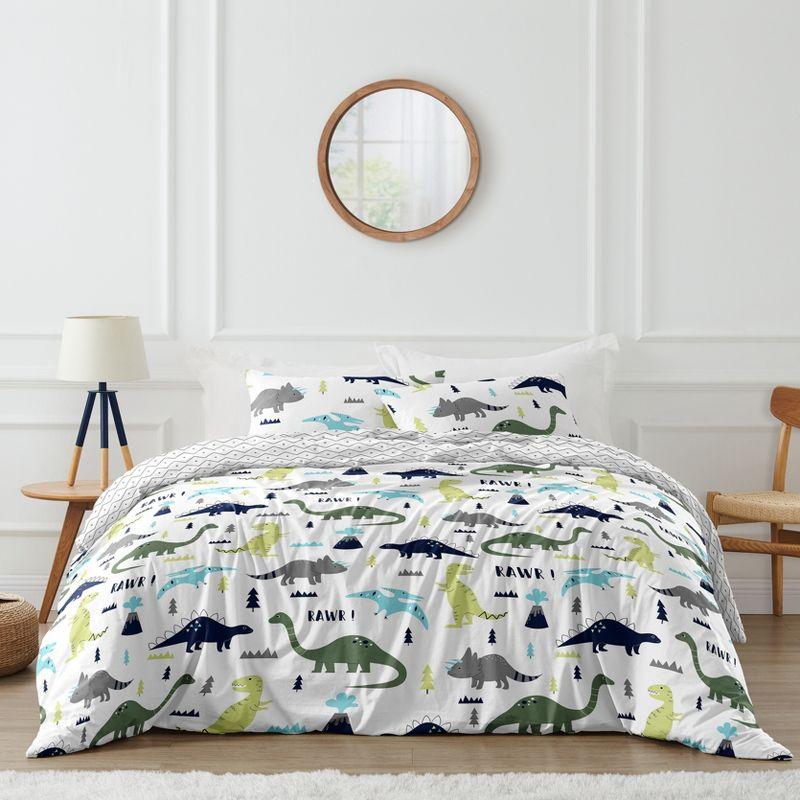 Mod Dinosaur Blue and Green Queen Duvet Cover Bedding Set by Sweet Jojo Designs