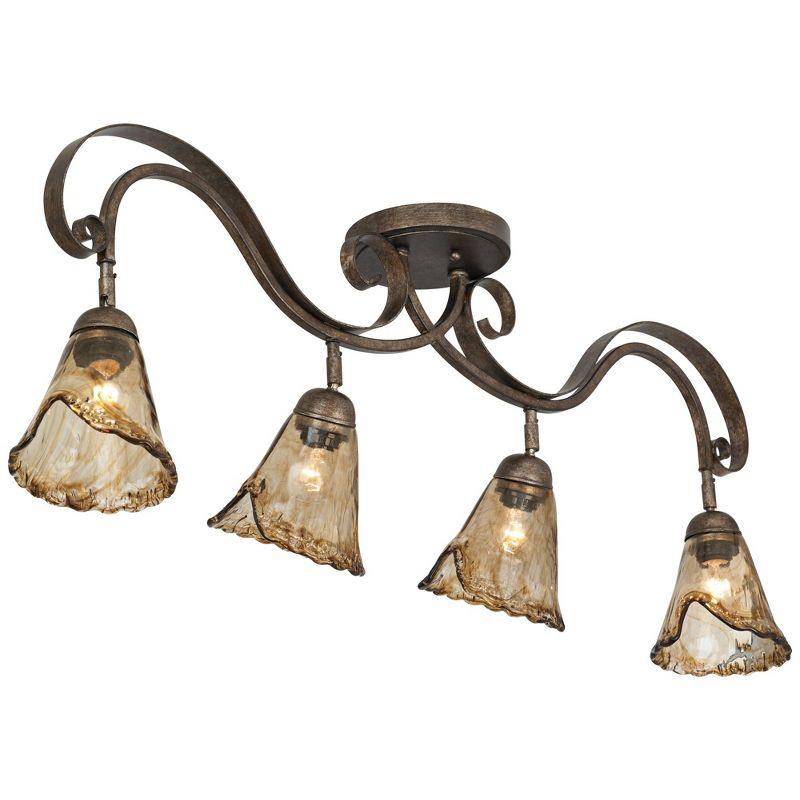 Pro Track 4-Head LED Bulbs Set Ceiling Track Light Fixture Kit Adjustable Brown Bronze Finish Organic Amber Glass Farmhouse Rustic Kitchen 41" Wide