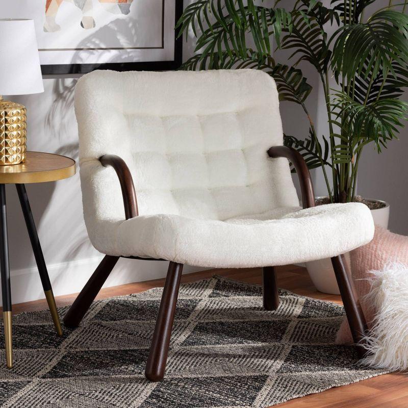 Eisa Faux Shearling Upholstered and Wood Accent Chair White/Walnut Brown - Baxton Studio