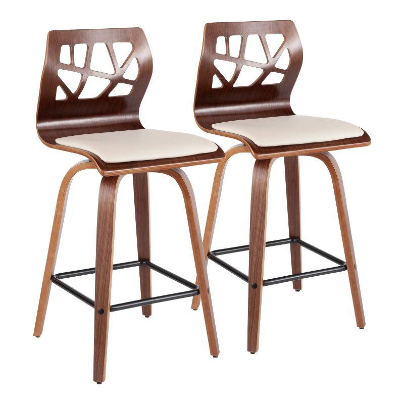 Mid-Century Modern Cream Leather Walnut Swivel Counter Stool - Set of 2