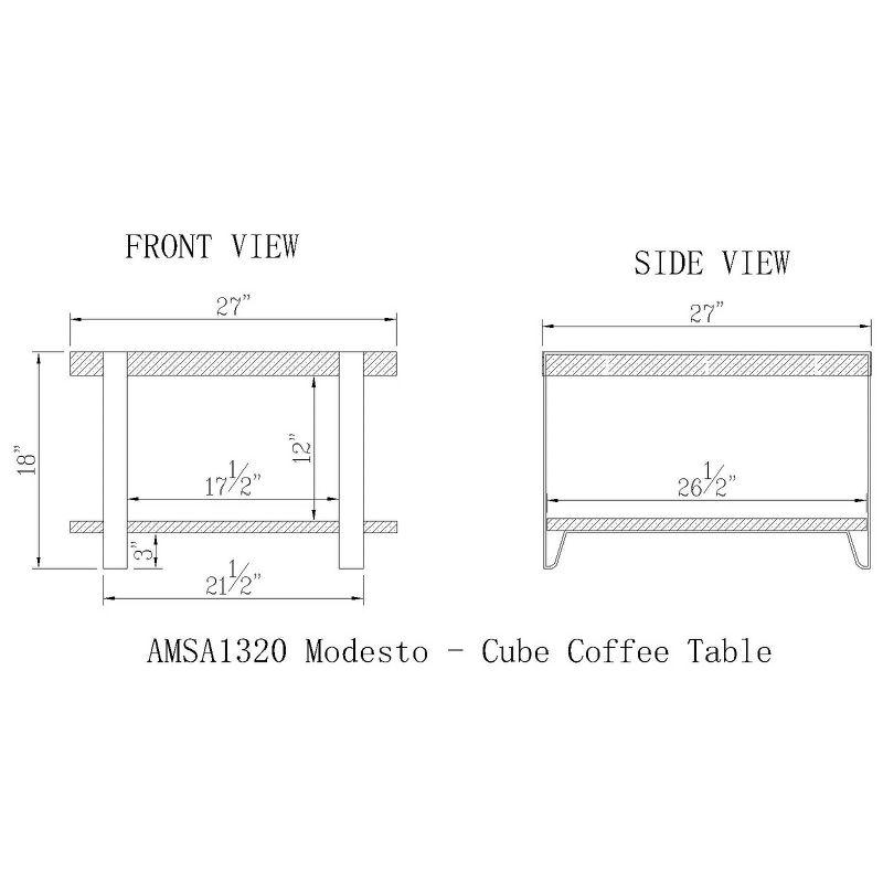 27" Modesto Square Coffee Table Brown - Alaterre Furniture: Rustic Industrial Style, Fixed Shelf, Metal Frame