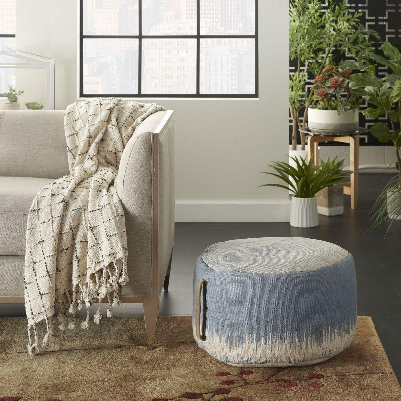 Azure Blue and Ivory Cotton Round Pouf with Handle