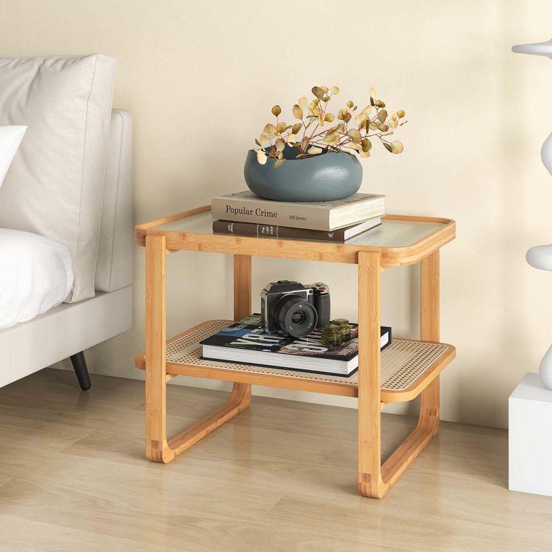 Costway 2 PCS Bamboo Side Table Rattan Shelf Glass Top Nightstand Small Sofa End Table