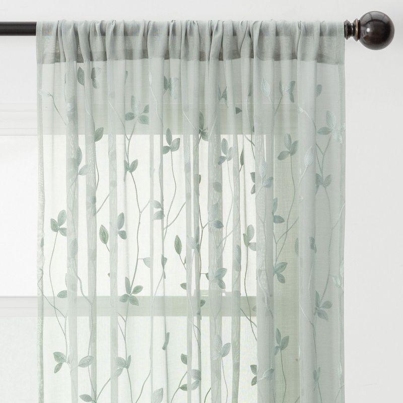 Sage Embroidered Vine Sheer Polyester Window Curtains, 52" x 96"