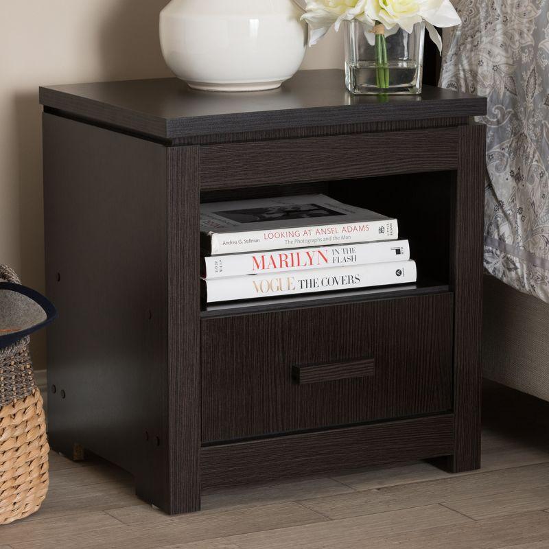 Bienna Modern and Contemporary 1 Drawer Nightstand: Bedside Storage, Wenge Finish - Baxton Studio