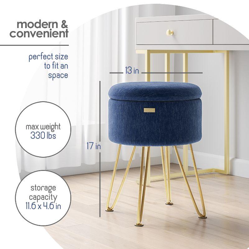StorageBud Round Ottoman with Storage, Textured Velvet Storage Ottoman, Modern Foot Stool for Living Room and Bedroom - Blue with Gold Legs