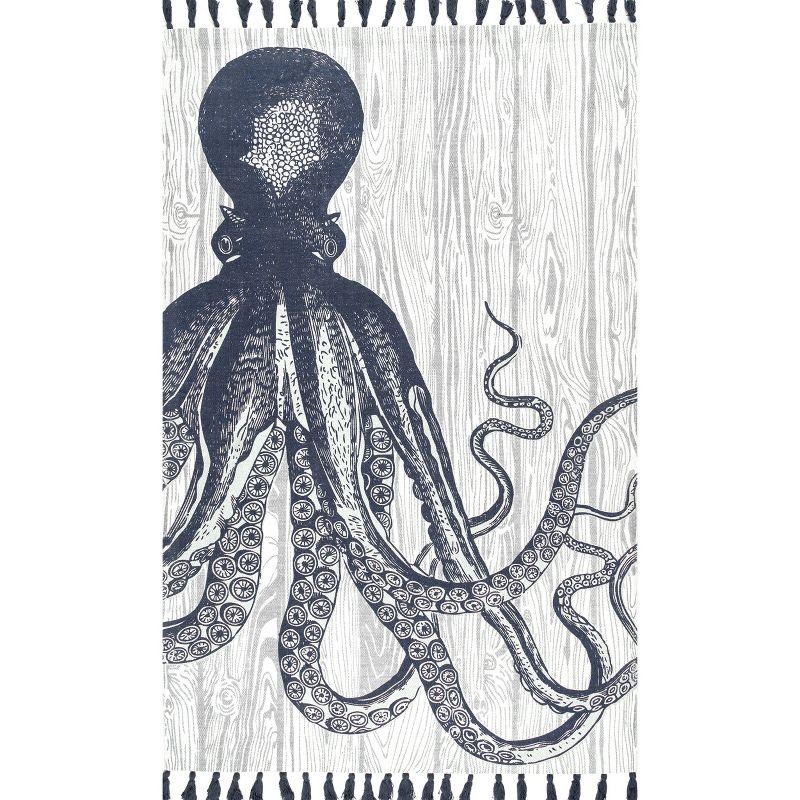 Ivory Cotton Flat-Woven Octopus Tassel Area Rug, 5' x 8'