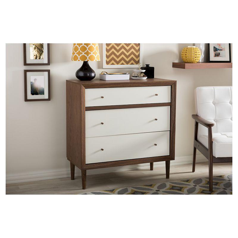 Baxton Studio Harlow Mid-Century Modern Scandinavian Style Wood 3 Drawer Chest White/Walnut : Rubberwood Frame, Spot Clean