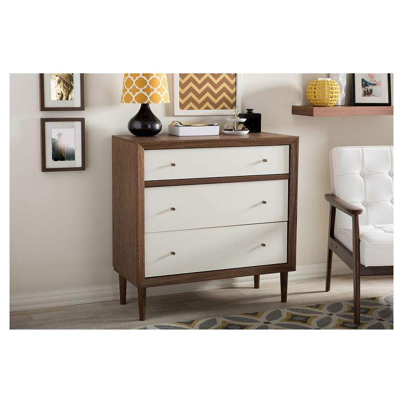 Harlow White and Walnut Mid-Century Modern 3-Drawer Chest