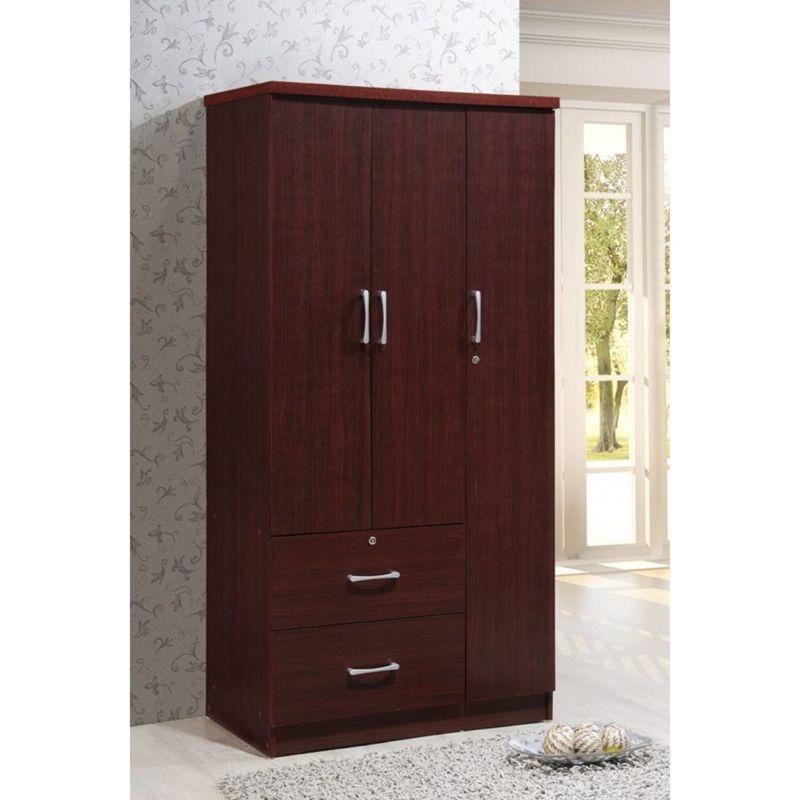 Hodedah Import Contemporary 3 Door Armoire w/ Metal Clothing Rod, 3 Shelves, 1 Standard Drawer, & 1 Locking Drawer for Bedrooms & Rented Rooms