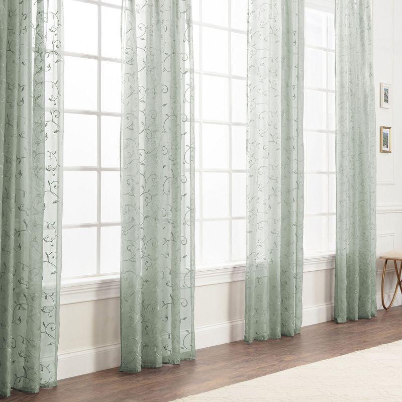 Sage Embroidered Swirl Vine Sheer Window Curtain Panels, 52x96 Inches, Set of 2