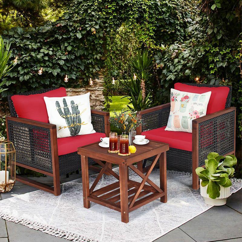 Costway 3PCS Patio Wicker Furniture Set Solid Wood Frame Cushion Sofa w/ Square Table Shelf Red