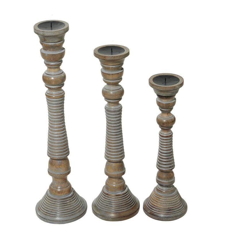 Mocha Brown Mango Wood Candlestick Trio with Gray Wash