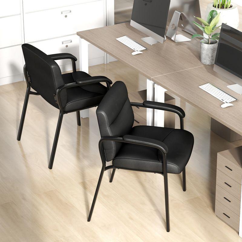 Black Leather and Metal Office Guest Chairs with Fixed Arms, Set of 2