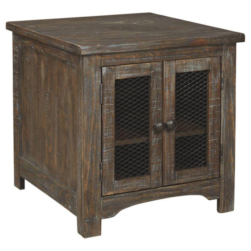 Danell Ridge Rectangular End Table Brown - Signature Design by Ashley: Farmhouse Mesh Cabinet Storage