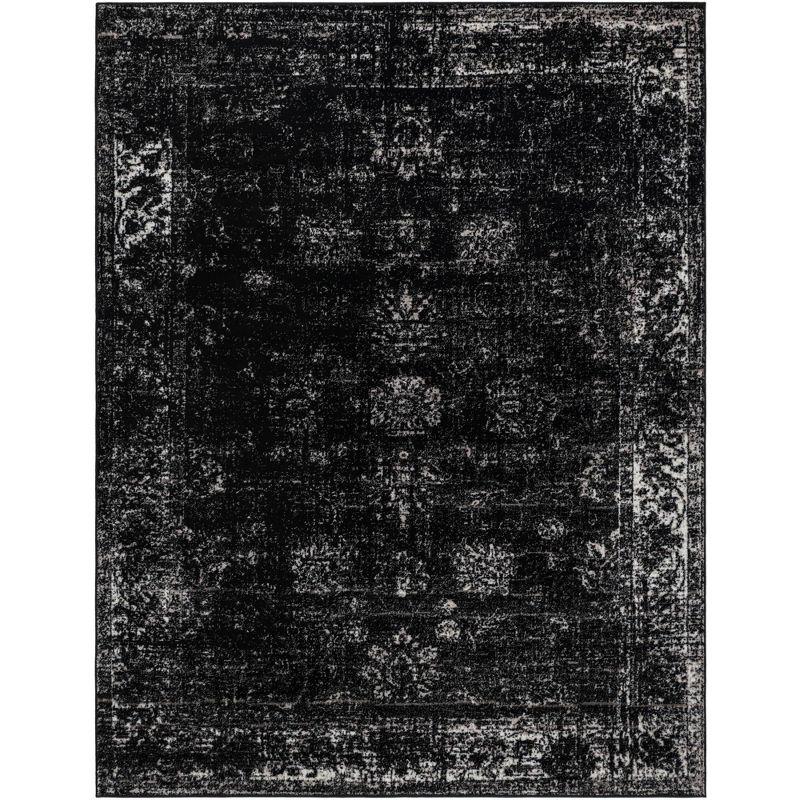 Black and Gray Floral Motif Low Pile Area Rug