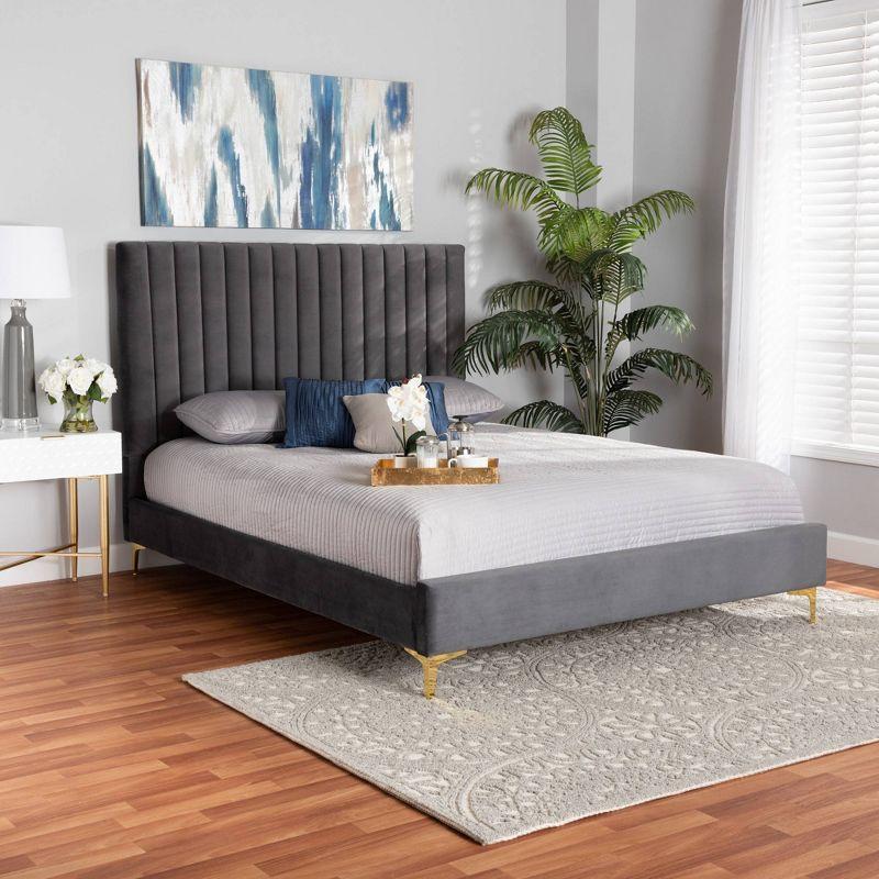 Serrano Full Size Grey Velvet Upholstered Platform Bed with Gold Legs