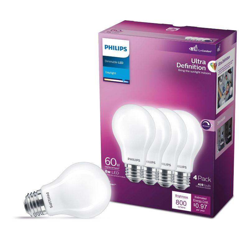 Philips UltraDef LED 60W Frosted Daylight A19 4P: Energy Star Certified Dimmable Light Bulbs, 800 Lumens, 13.7-Year Life