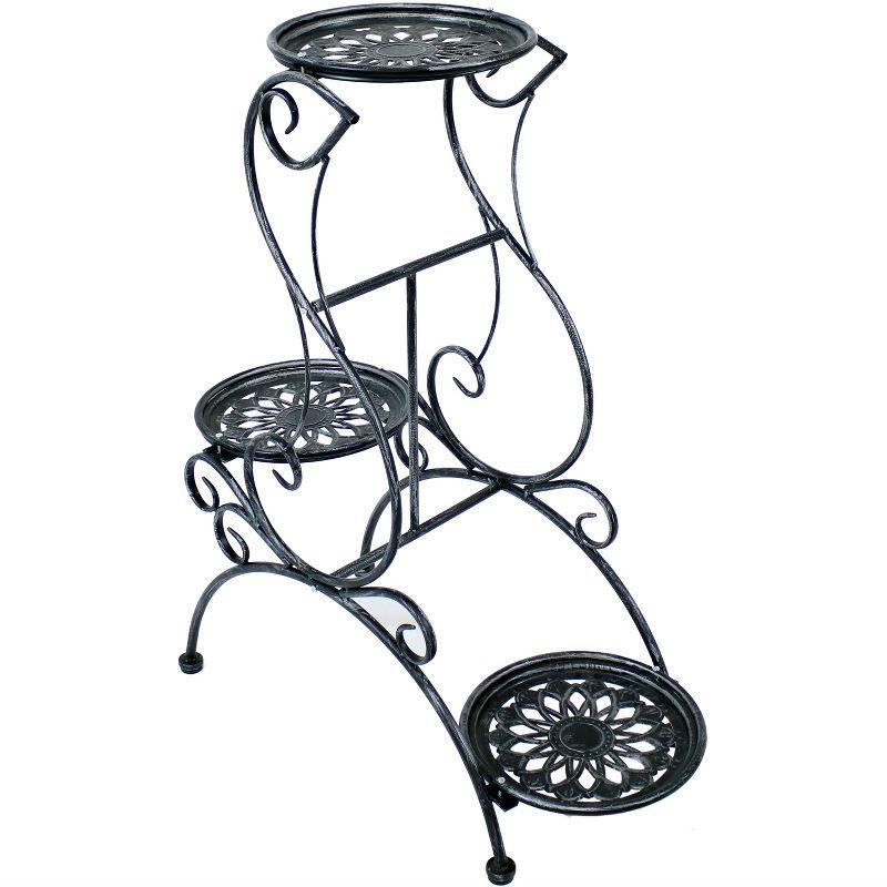 Victorian Dark Gray 3-Tier Steel Plant Stand with Scroll Design