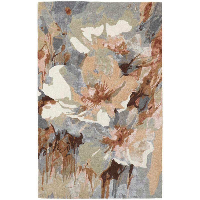 Gray and Tan Floral Handmade Wool Viscose 8' x 10' Rug