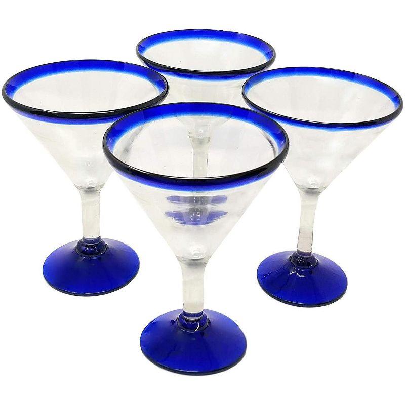 Dos Sueños Mexican Hand Blown  Modern Margarita Glasses - Blue Rim - 12oz - Set of 4