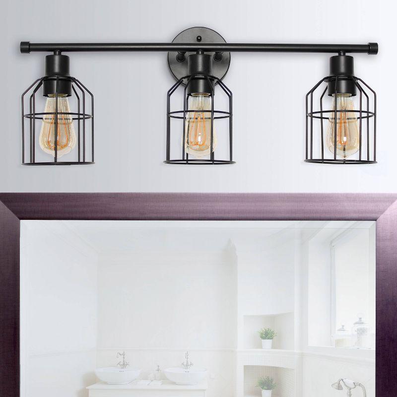 Black Industrial 3-Light Vanity Fixture with Wire Cage Shades