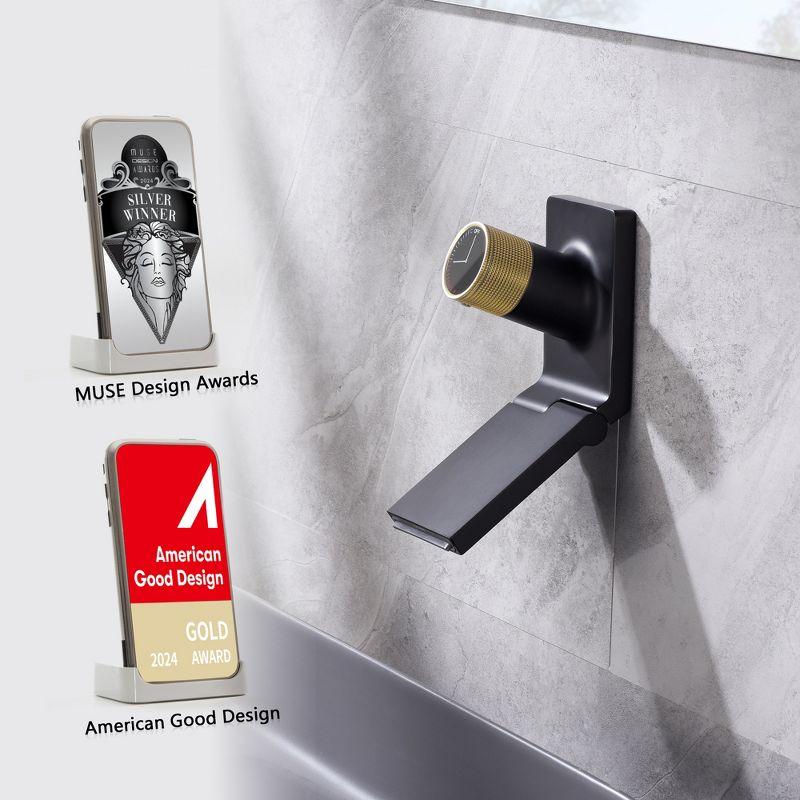 Sumerain Wall Mount Bathroom Sink Faucet with Swiveling Waterfall Brass Spout, Black and Gold