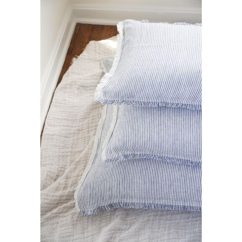 Blue Pinstripe Fringe Linen Pillow 26x26 Down Alternative Insert