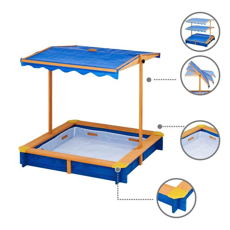 Blue and Wood Square Sandbox with Adjustable Canopy