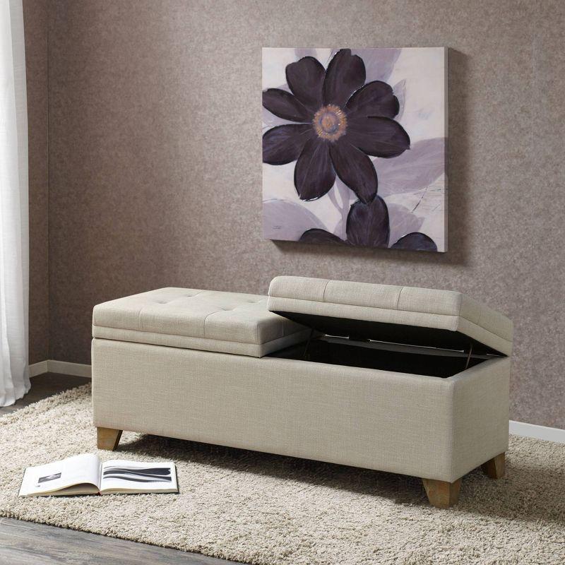 Beige Upholstered Storage Bench with Natural Wood Legs