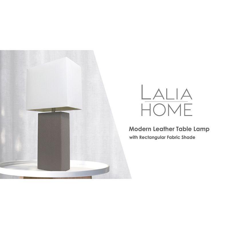 21" Lexington Leather Base Modern Home Decor Bedside Table Lamp with USB Charging Port and Fabric Shade Tan/White - Lalia Home: No Assembly