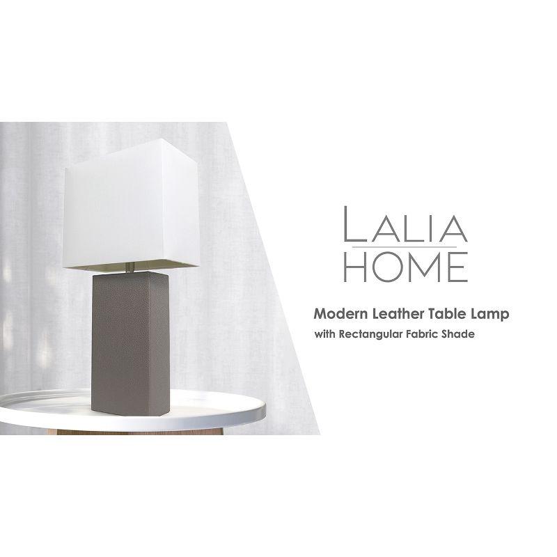 Lalia Home 21" Lexington Leather Base Modern Home Decor Bedside Table Lamp with Fabric Shade Beige/White: UL Listed, MDF & Linen Materials