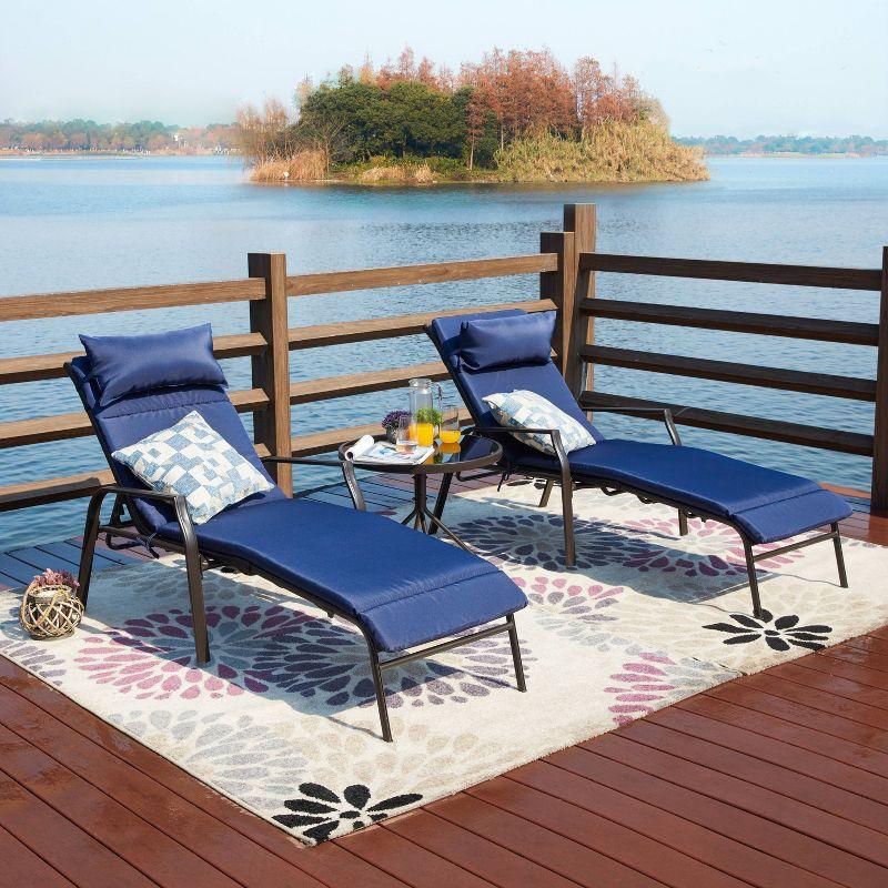 Blue Metal Chaise Lounge Set with Cushions and Table