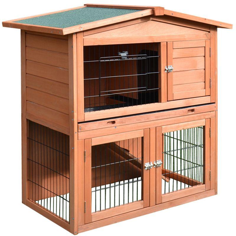 Pawhut 40" Wooden Rabbit Hutch Bunny Cage Small Animal House with No Leak Tray, Ramp, Weatherproof Roof for Outdoor