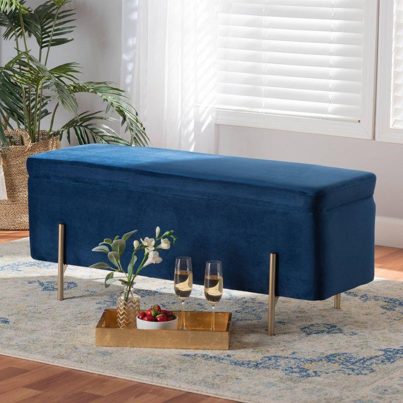 Rockwell Navy Blue Velvet & Gold Metal Storage Bench