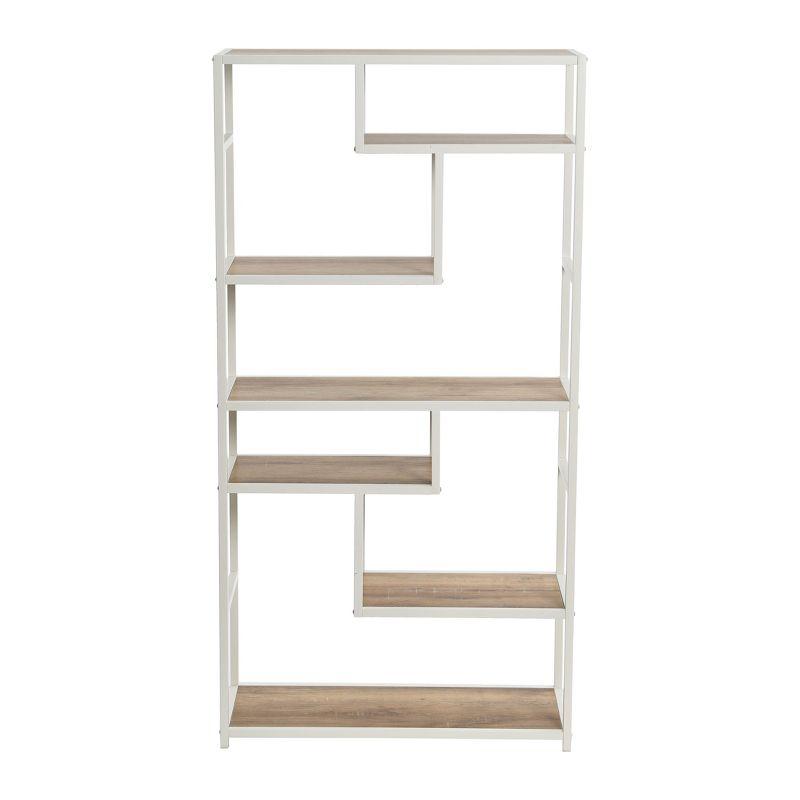 Household Essentials Jamestown Tall 6 Shelf Open Storage Bookshelf Coastal Oak Rustic Wood Grain and White Metal