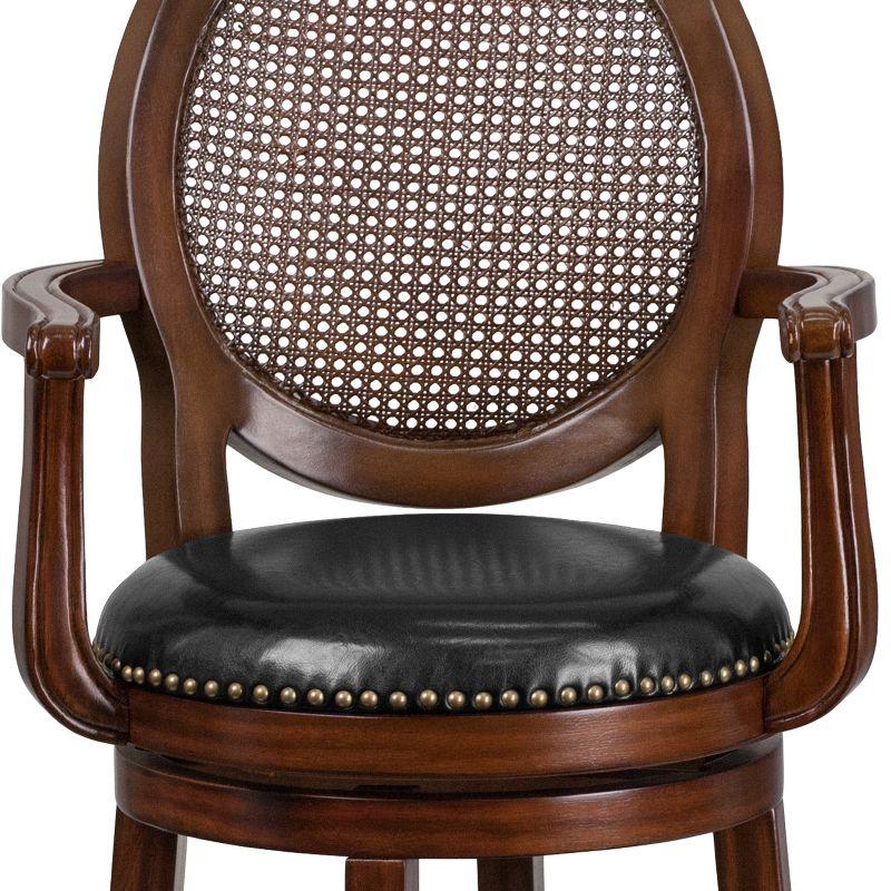 Flash Furniture 30'' High Expresso Wood Barstool with Arms, Woven Rattan Back and Black LeatherSoft Swivel Seat