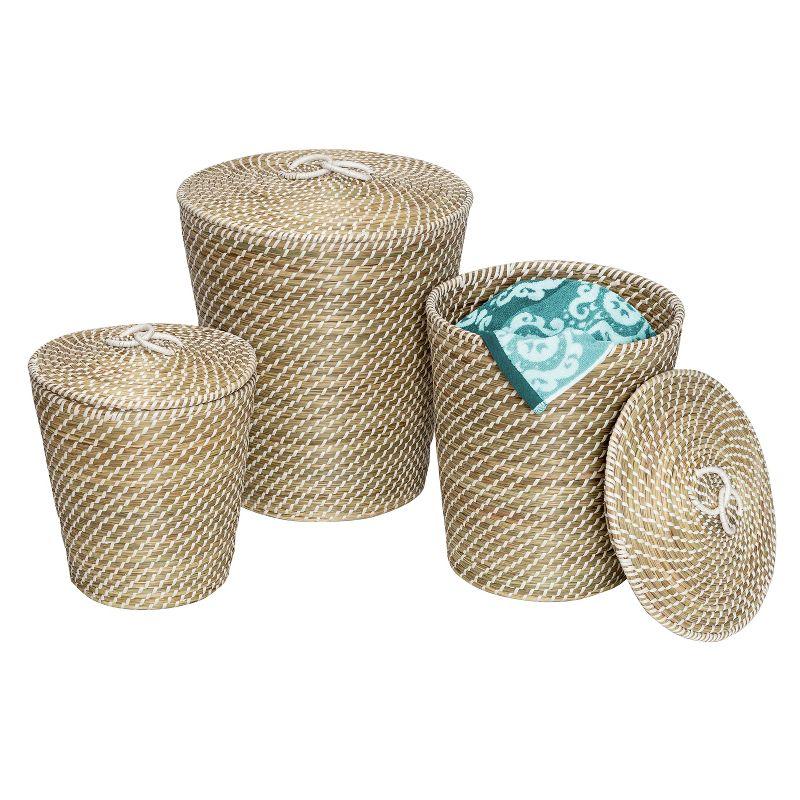 Natural Seagrass Round Nesting Storage Basket Set with Lids