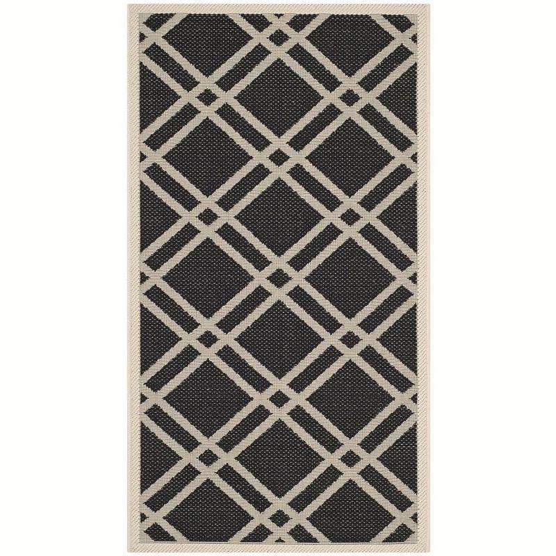 Black & Beige 47" Round Synthetic Indoor/Outdoor Easy-Care Rug