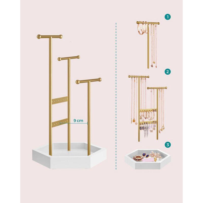 SONGMICS Jewelry Holder, Jewelry Organizer, 4 Independent Zones, Jewelry Display Stand with Metal Frame, Gold and White