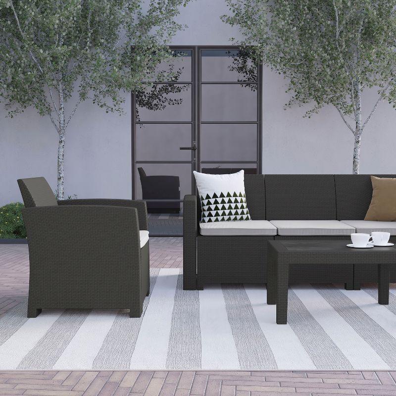 Merrick Lane 4 Piece Dark Gray Faux Rattan Patio Furniture Set with 2 Chairs and Sofa with Removable Light Gray Cushions and Table